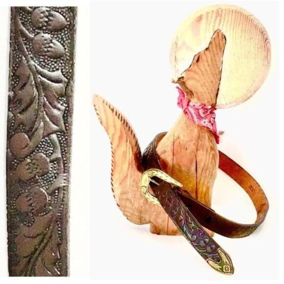 Major Belt Vtg Oak Leaf Acorn Tooled Leather Belt sz 24 Top Grain Cowhide main image 7
